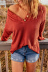 Henley Button Placket Side Slit Drop Shoulder Pullover Knit Sweater